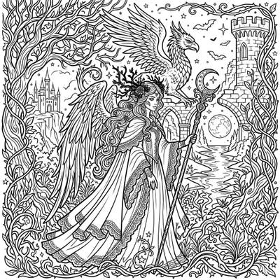 Step into a world where ancient tales meet dark elegance with this captivating coloring page. Featuring a mystical winged figure and a majestic griffin, it invites you to explore the rich tapestry of Gothic myth and folklore.