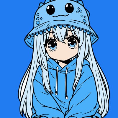 girl with anime shaped eyes with a dinosaur bucket hat oversized sweatshirt long straight hair