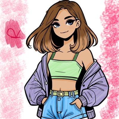 a realistic girl with a crop top and short shorts in an open jacket