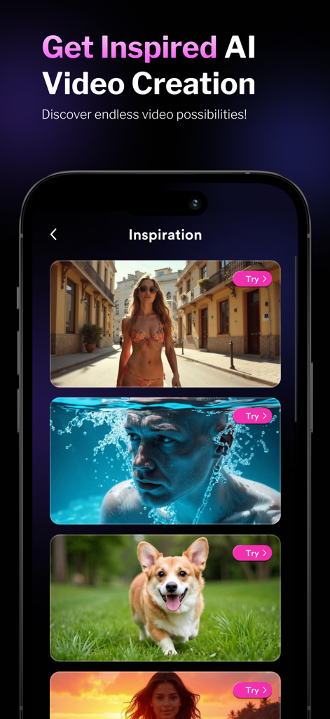 Inspirationsbildschirm der Pixel Loom App, der diverse KI-generierte Videobeispiele anzeigt, darunter eine Frau im Freien und ein Corgi-Hund.