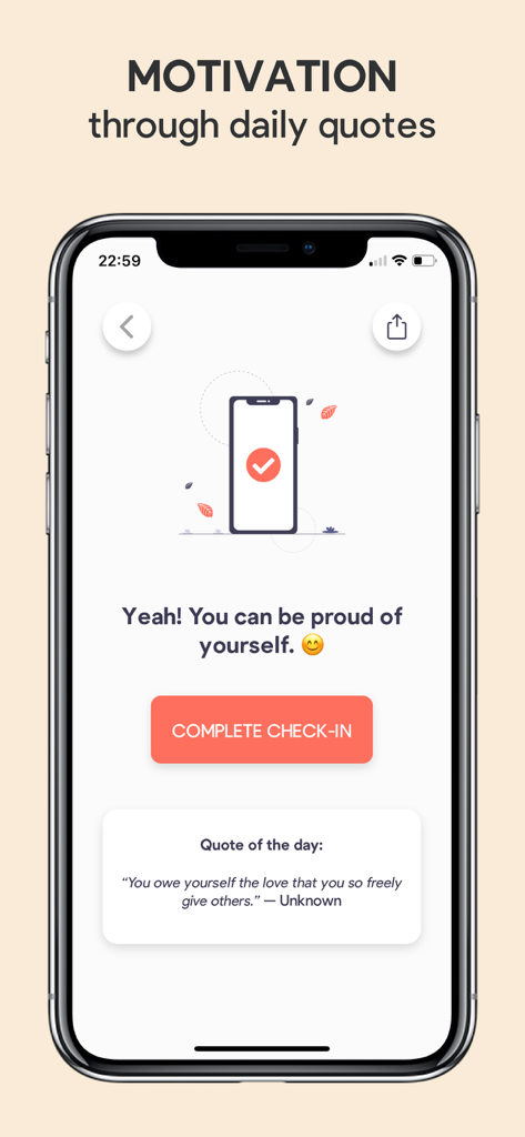 Sparkle: Self-Care Checklist - Sparkle app screen showing a daily motivational quote and a complete check-in button