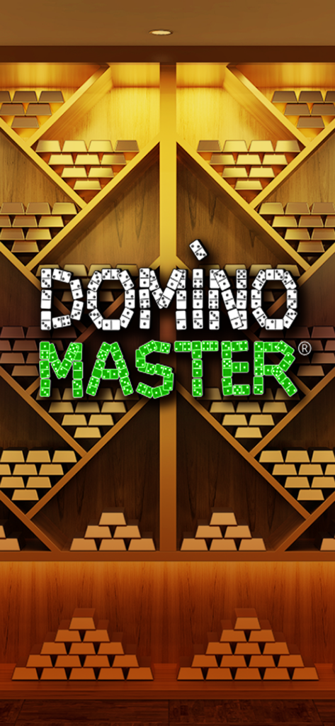 Domino Master - Dominoes Game - Domino Master game logo displayed over shelves filled with gold bars in the treasure cave room