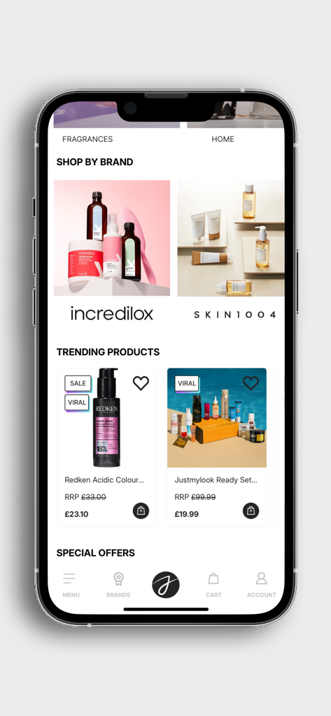Justmylook - Justmylook mobile app screen showing trending beauty products and professional skincare brands