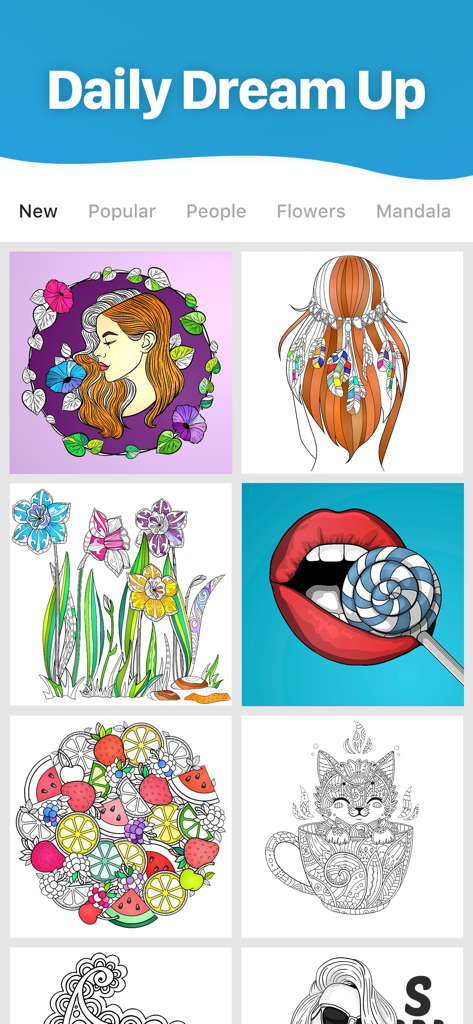 Jolly Paint: Coloring Book - Uma galeria de modelos de livros de colorir incluindo pessoas, flores e animais.