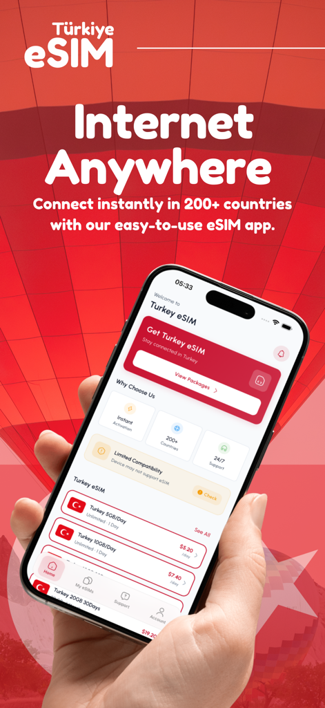 Smartphone mostrando a tela inicial do aplicativo eSIM Turquia com vários planos de dados de viagem e recursos.