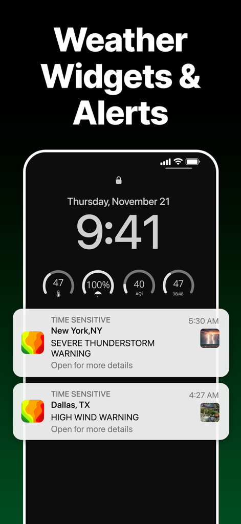 iPhone lock screen showing weather widgets and severe weather alerts for New York and Dallas from the SKAI app