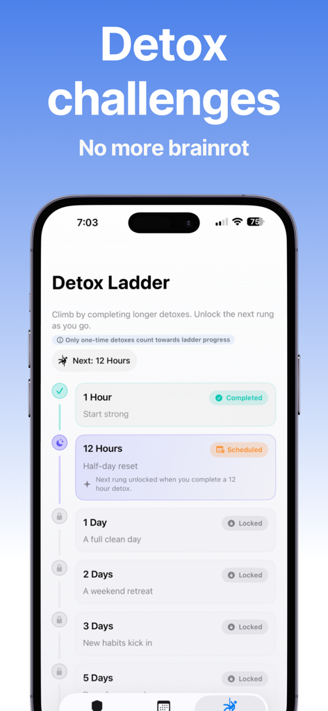 Digital Detox ADHD AppBlocker - Interfaz de la aplicación Digital Detox mostrando la función Escalera de Desintoxicación con varios desafíos de enfoque cronometrados y el lema 'no más degradación mental'.