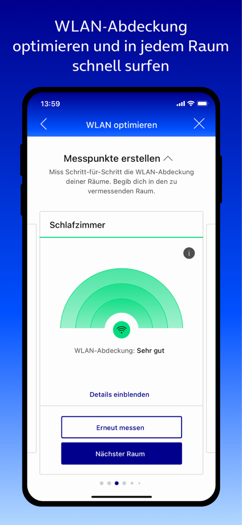 Interface do aplicativo o2 my Service mostrando um teste de força de sinal de cobertura Wi-Fi para um quarto.