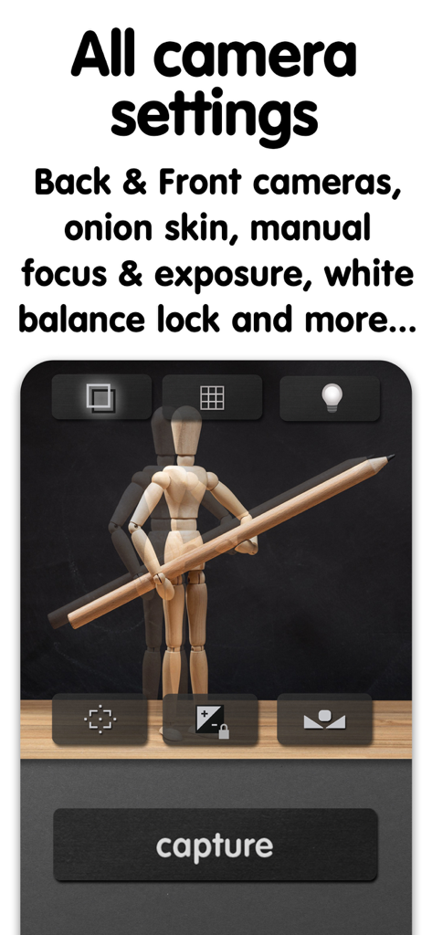 iMotion camera interface showing manual focus exposure and onion skin settings for stop motion animation