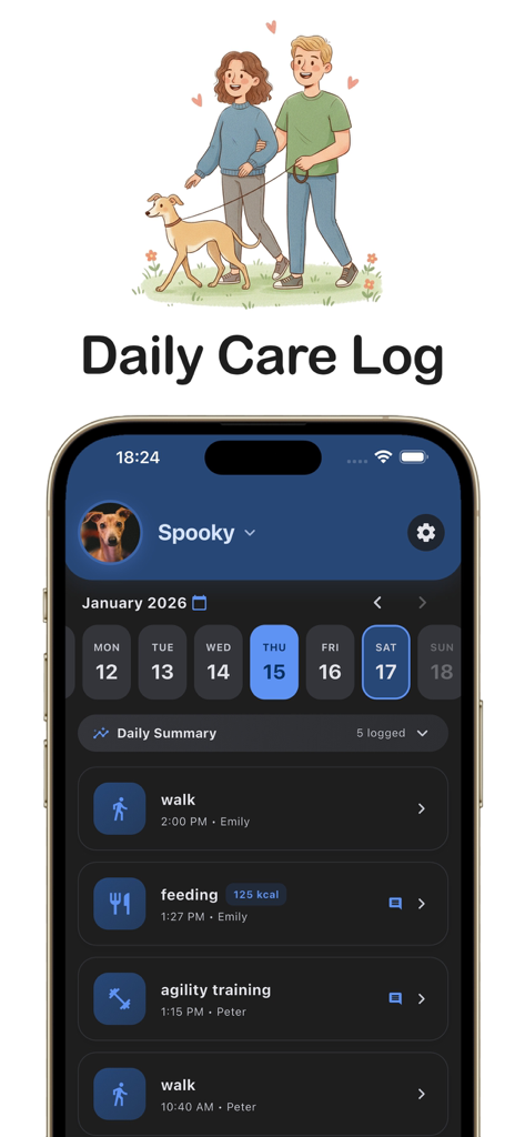 A mobile app interface showing a daily activity log for a dog named Spooky including walks feeding and agility training