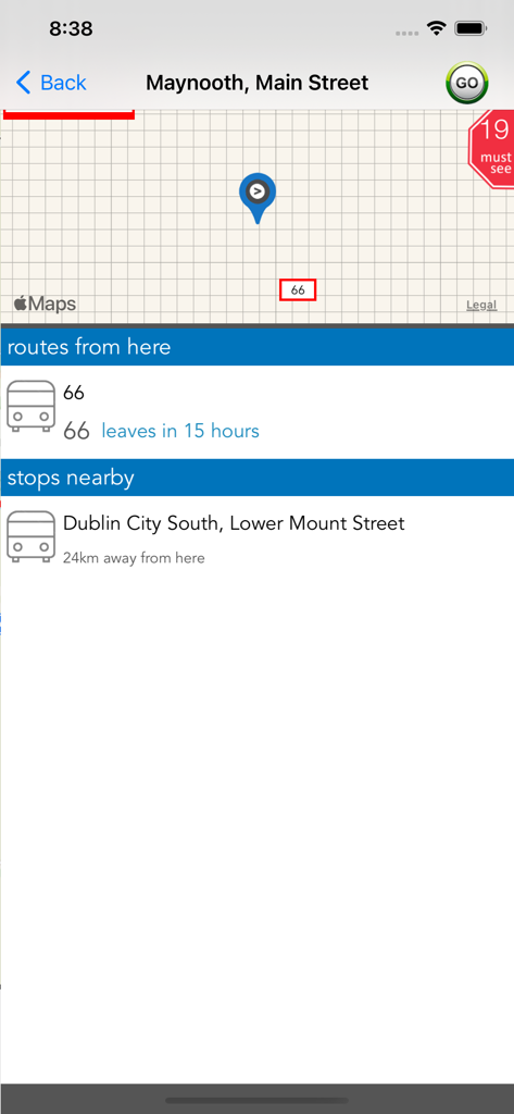 Dublin Public Transport - Interfaz de la aplicación Transporte Público de Dublín que muestra las rutas de autobús y las paradas cercanas