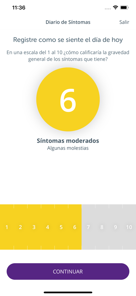 Respiramas - Respiramas app symptom diary screen showing a 1 to 10 severity rating scale for daily respiratory health tracking.