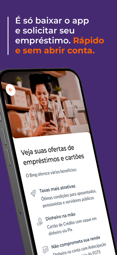 Tela de telefone celular do aplicativo Bmg mostrando várias ofertas de empréstimo e cartão de crédito em português.