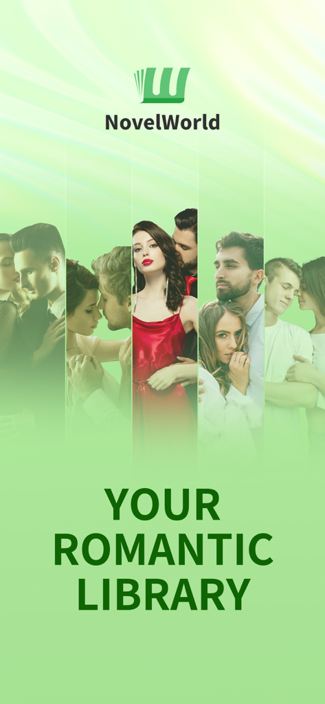 NovelWorld - Unlimited Novels - Promotional screen for NovelWorld app featuring various romantic novel covers and the text Your Romantic Library
