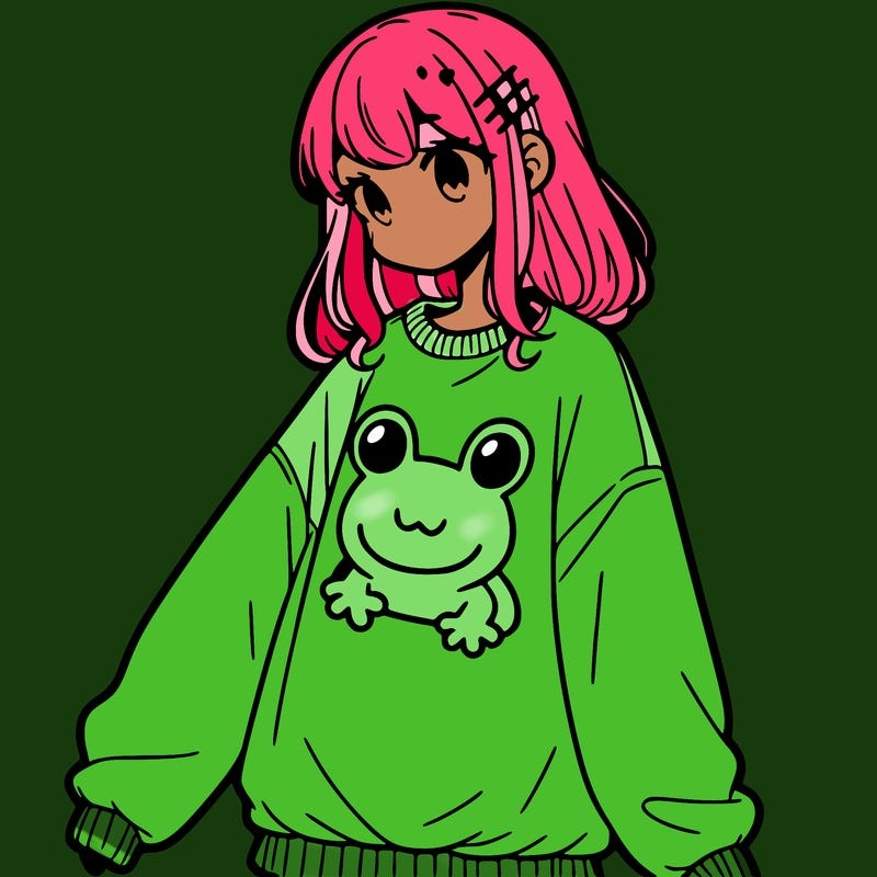 girl wearing frogging sweatshirt