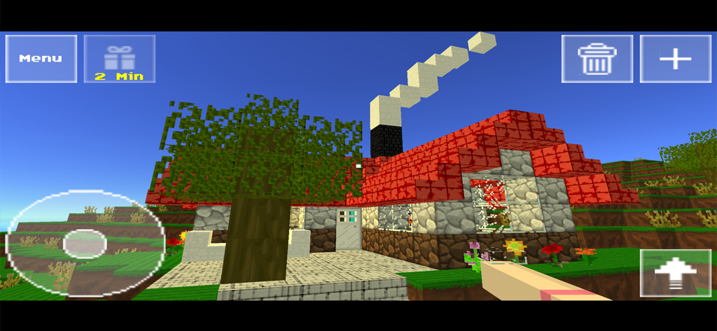 BoomCraft - A small block house with a red roof and garden in the BoomCraft sandbox game