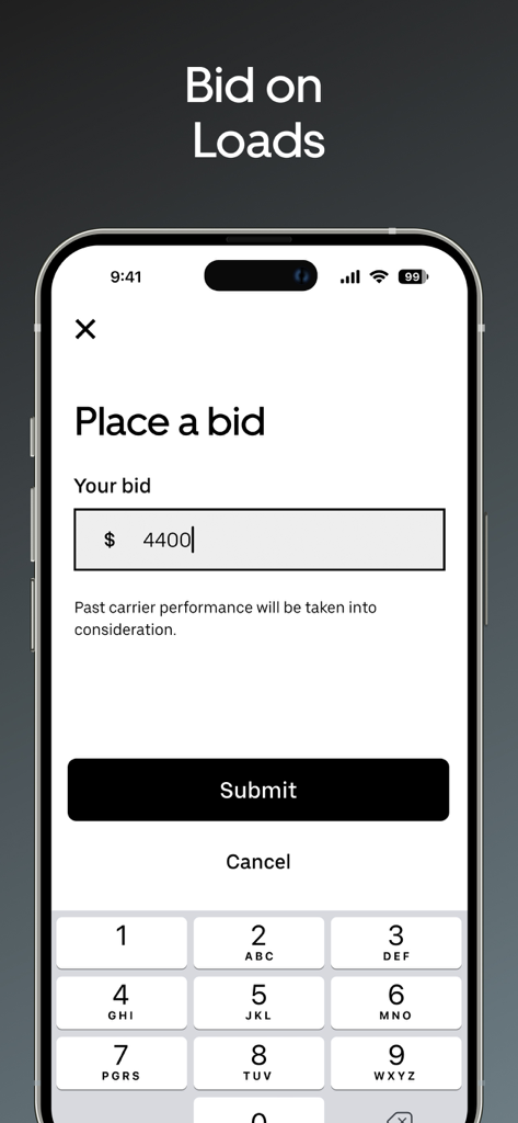 Interface of the Uber Freight app showing a user placing a bid on a transport load