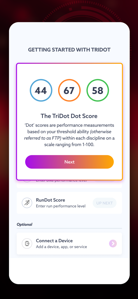 TriDot Triathlon Training - TriDot app getting started screen showing performance dot scores for swim bike and run