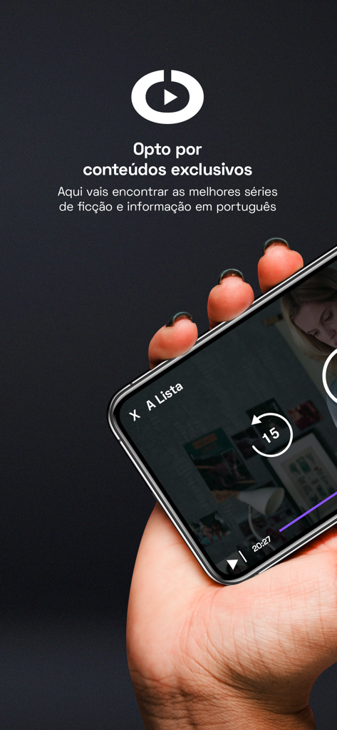 Opto SIC - A person holding a phone showing the Opto SIC app playing exclusive Portuguese video content.