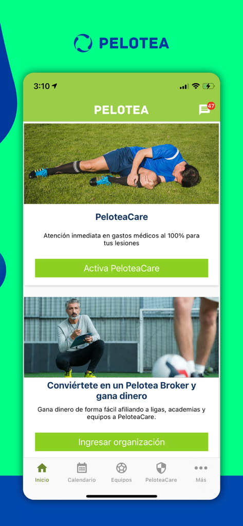 Pelotea - Pelotea mobile app home screen showing PeloteaCare soccer injury insurance and league management options in Spanish