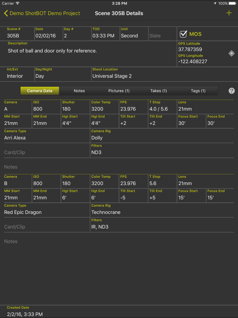 ShotBOT app interface displaying detailed camera metadata and scene info on an iPad