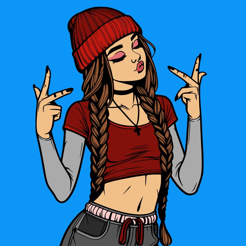 realistic teenage girl with braids and a beanie and crop top doing 🫶🏼