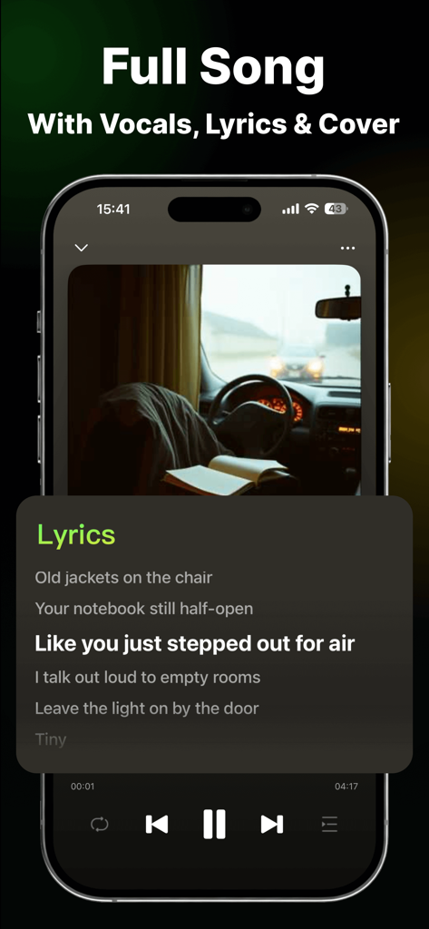 Tunly-AI Music&Song Generator - Interface of Tunly app showing AI generated music with lyrics and cover art