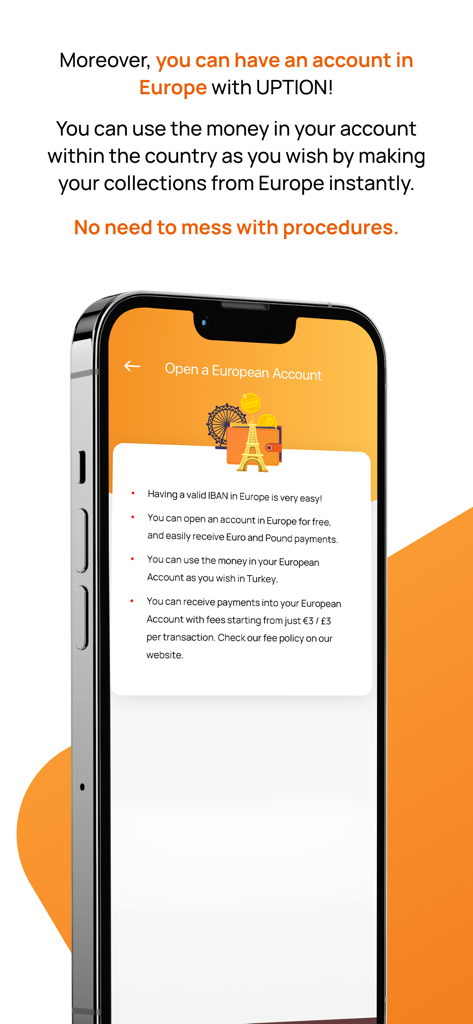 UPTION Para Transferi - Screenshot of the UPTION app display showing features of opening a European bank account with a personal IBAN