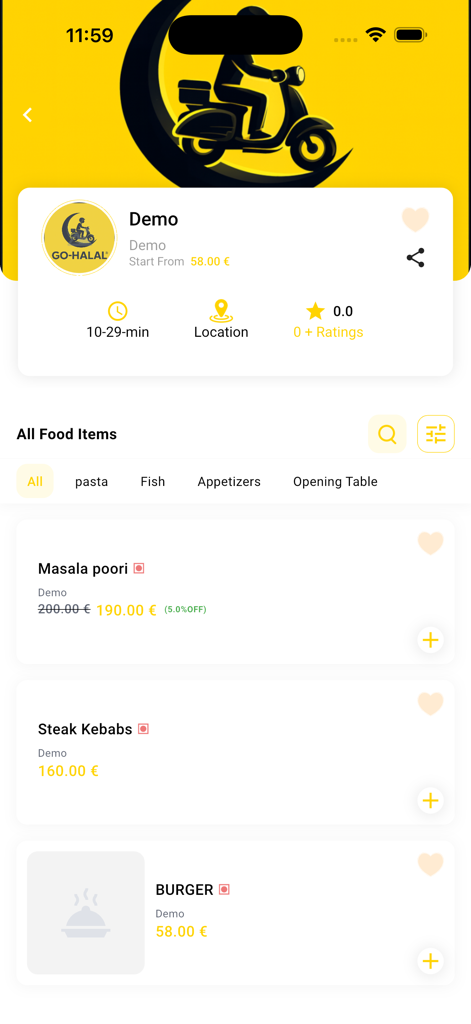 Mobile restaurant menu interface for the Halal Food App showing food items like kebabs and burgers with pricing and delivery information