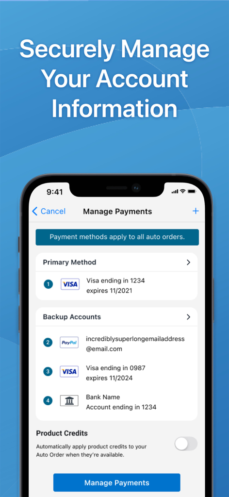 USANA - Interface do aplicativo móvel USANA mostrando métodos de pagamento primários e de backup para gerenciamento seguro da conta.
