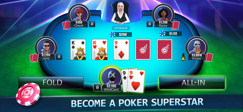 Poker Face: Texas Holdem Poker - An online Texas Holdem poker game screen showing players at a virtual table with various avatars and an all-in betting option