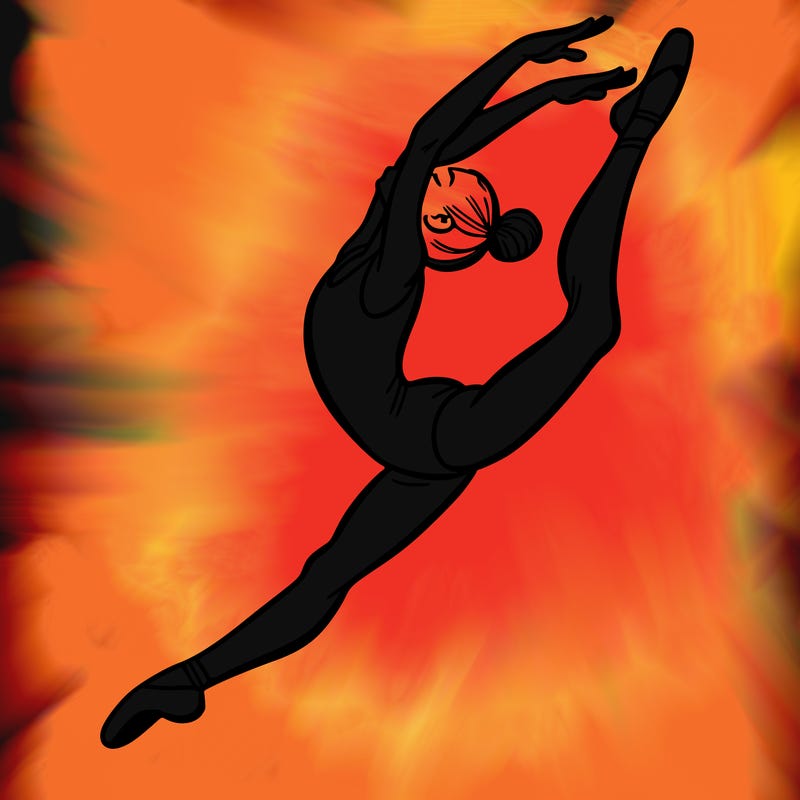 gymnast doing a leap in a leotard with a bent back leg