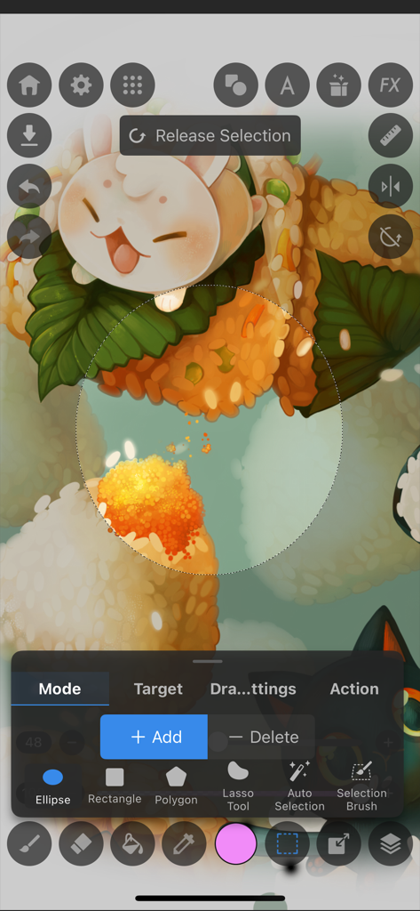 Interfaz de la herramienta de selección de la aplicación de dibujo MediBang Paletta con ilustración de comida