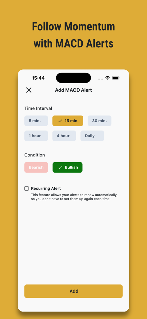 Interfaz para agregar una alerta de trading MACD alcista en la aplicación Coinim.