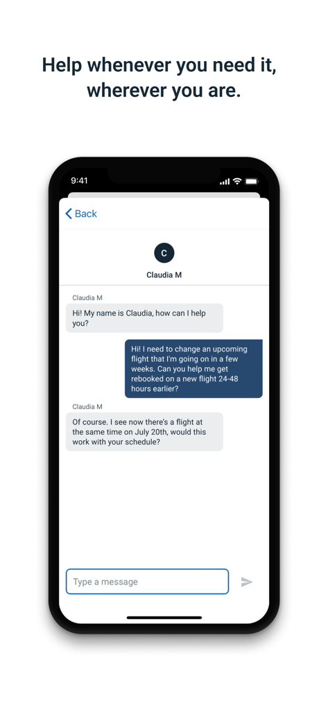 Egencia app chat interface showing a user rebooking a flight with a customer service agent.