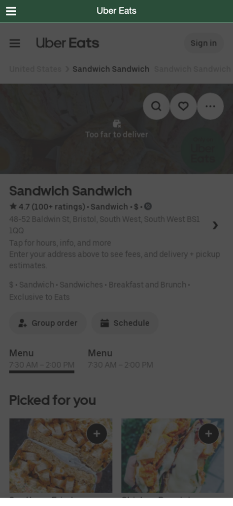 Sandwich Sandwich - Sandwich Sandwich restaurant menu page on the Uber Eats mobile app showing ratings and food items.