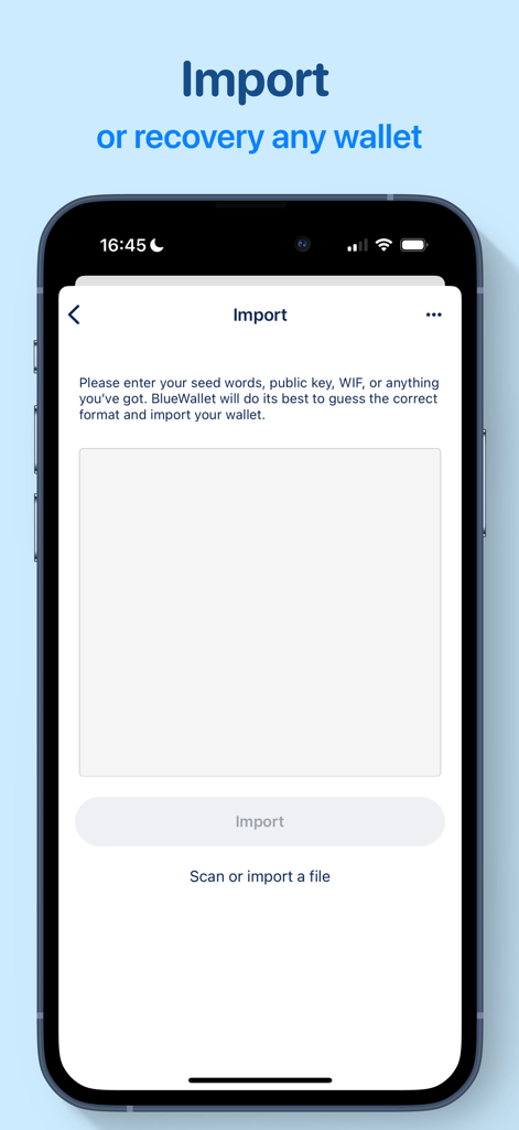 BlueWallet interface to import or recover a bitcoin wallet