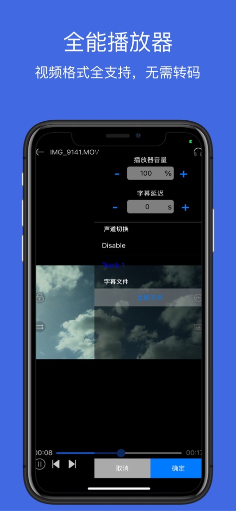 The File Management Pro app displaying its universal video player interface with subtitle and audio track settings.