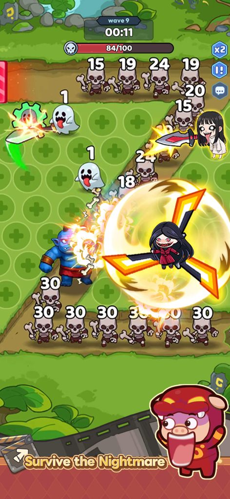 Penguin GO! - Collab - Cartoon heroes attacking waves of skeletons in a Penguin GO! roguelike tower defense battle