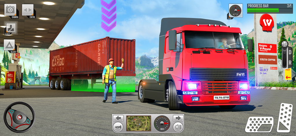 Um caminhão semi-reboque vermelho e um trailer de contêiner de carga em um posto de gasolina em um simulador de direção.