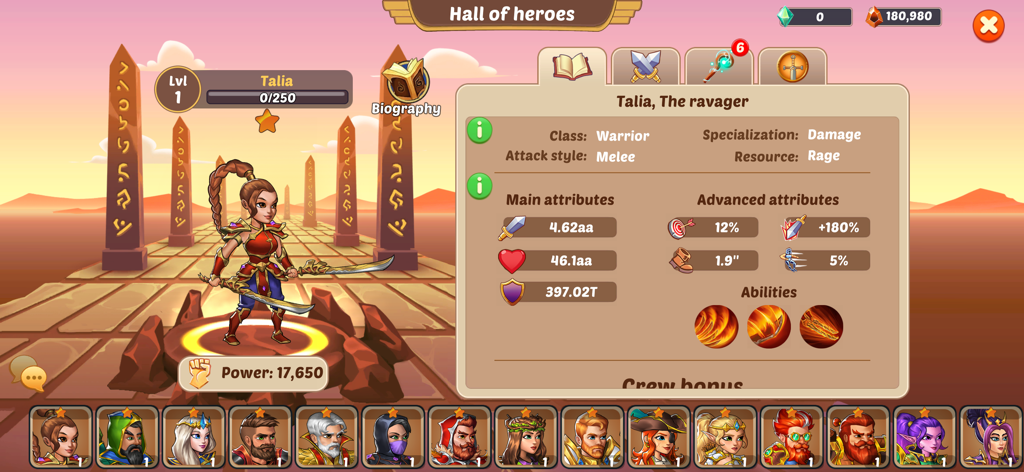 Firestone: An Idle Clicker RPG - Character profile screen for Talia the Ravager in Firestone An Idle Clicker RPG showing attributes and abilities