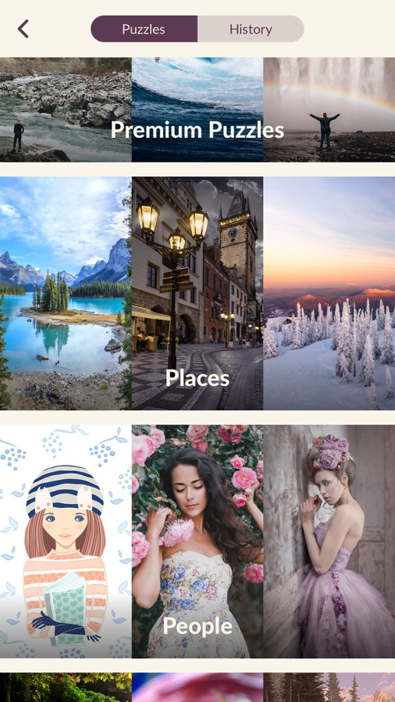 Puzzle.Plus – Classic jigsaw puzzle in your hands - Selection screen for Puzzle.Plus app showing puzzle categories like Premium, Places, and People with high quality photography