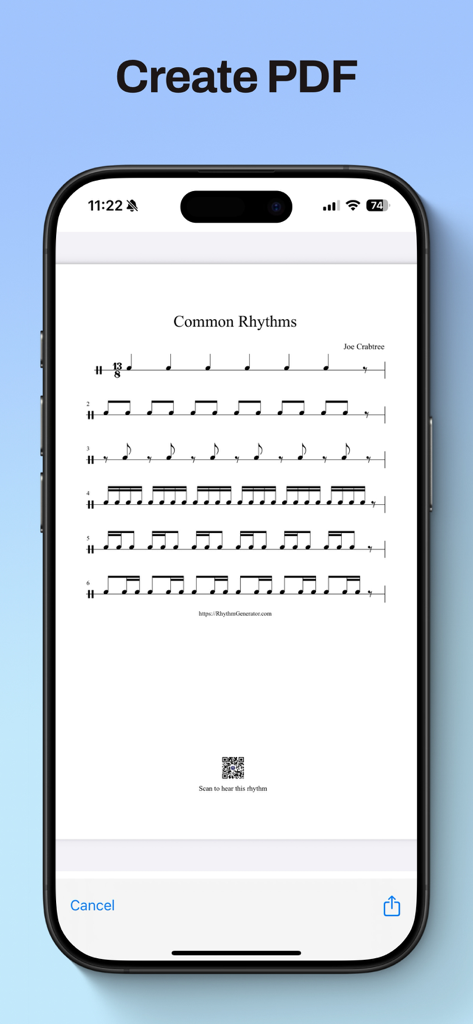 Rhythm Generator - Rhythm Generator app interface displaying a PDF preview of musical rhythms for export and practice