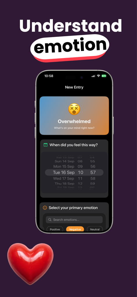 Mood tracker Moodly - Interfaz de la aplicación Moodly para registrar una nueva emoción con un diseño minimalista y un selector de fecha.