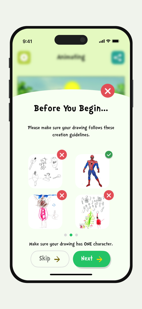 Ai Animation: Animate Drawings - Instrucciones de la aplicación que muestran cómo seleccionar un solo dibujo de personaje para animar.