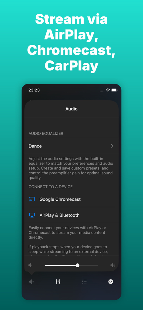 Evermusic: Simple Music Player - Evermusic app interface showing options to stream via AirPlay and Chromecast with audio equalizer settings.