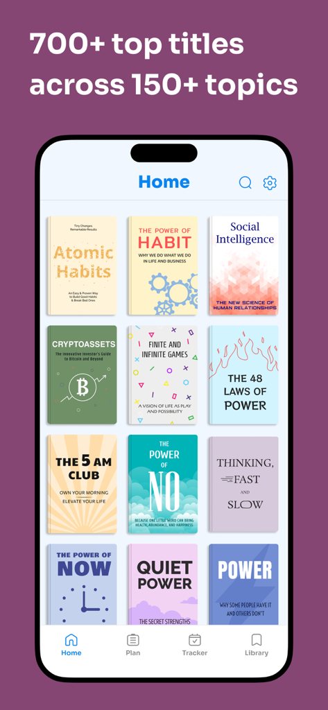 Retell - Key Ideas in 15 Mins - A smartphone showing the Retell app library with a grid of nonfiction book summaries including Atomic Habits and The Power of Habit.