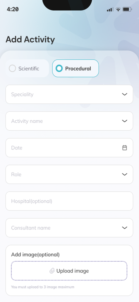 iLog - The Add Activity screen of the iLog app showing a procedural medical logging form with fields for specialty and date.