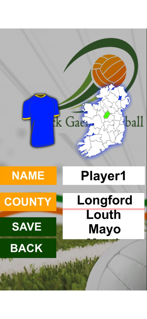 Setup screen for player name and Irish county team selection in Flick Gaelic Football