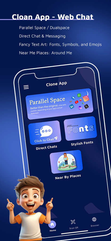 Clone App - Direct Chat - Main dashboard of Clone App showing features for parallel space, direct chats, stylish fonts, and nearby places
